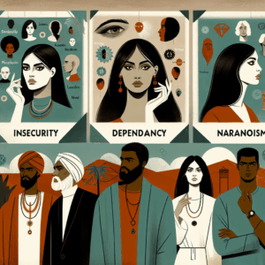 A thoughtful illustration showing different personalities of jealous partners in a relationship, including insecure, dependent, narcissistic, and paranoid types, with calm colors and a balanced composition, symbolizing understanding and harmony.