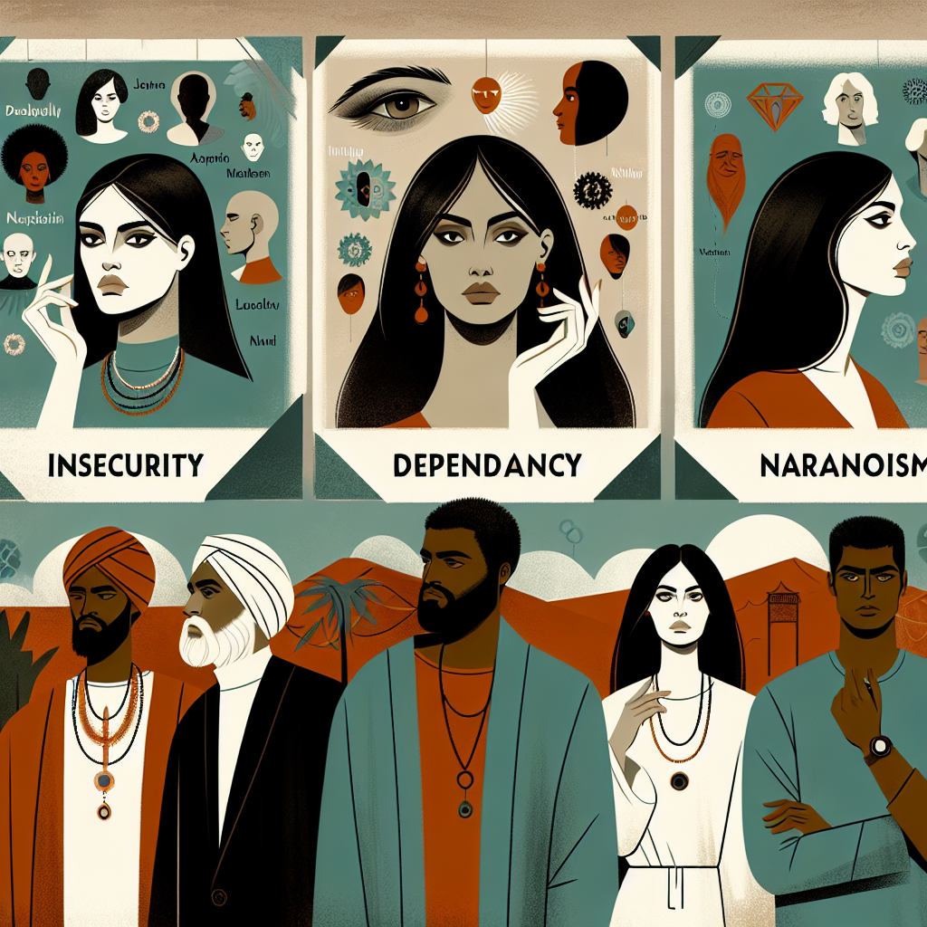 A thoughtful illustration showing different personalities of jealous partners in a relationship, including insecure, dependent, narcissistic, and paranoid types, with calm colors and a balanced composition, symbolizing understanding and harmony.