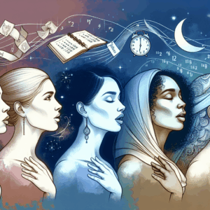 A conceptual illustration of diverse women, showcasing various emotions and expressions about relationships and intimacy, with subtle elements representing weekly and monthly timeframes.