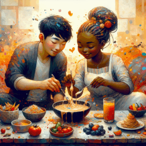 A sensual and artistic depiction of the sploshing practice, showing a couple playfully engaging with food in an intimate and colorful setting. The mood should be warm, inviting, and slightly mischievous, with an emphasis on sensory pleasures and creativity.