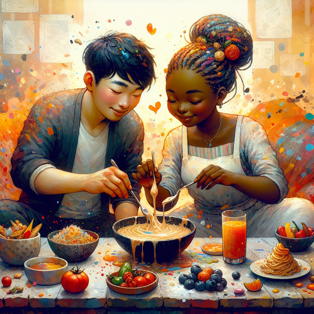 A sensual and artistic depiction of the sploshing practice, showing a couple playfully engaging with food in an intimate and colorful setting. The mood should be warm, inviting, and slightly mischievous, with an emphasis on sensory pleasures and creativity.
