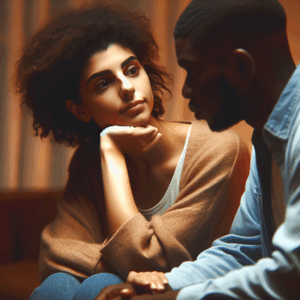 A couple in a warmly lit room, with one partner appearing concerned and thoughtful, while the other seems reassuring, emphasizing healthy communication and understanding.