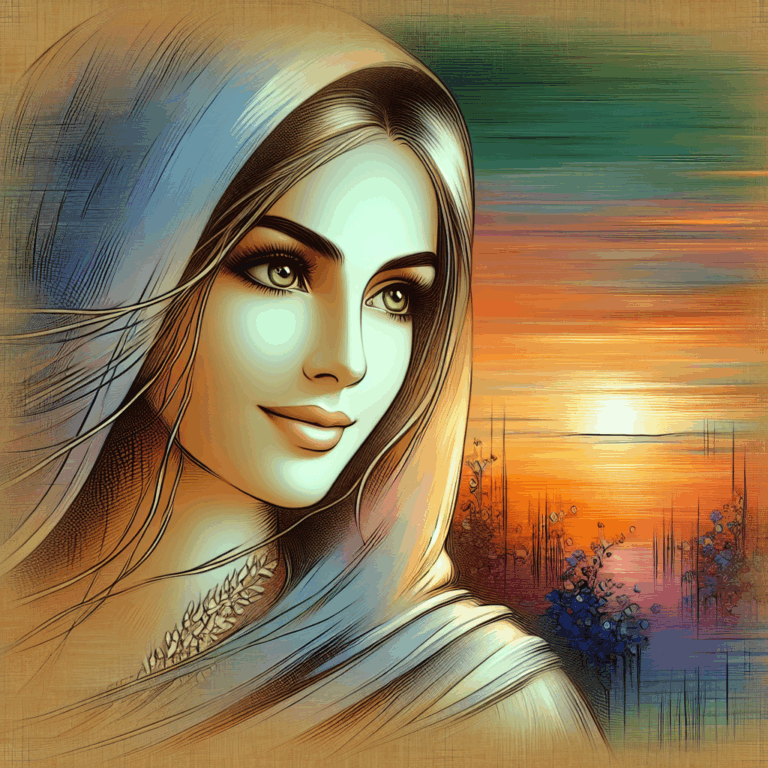 A thoughtful, romantic illustration of a woman with glowing eyes and a subtle smile, elegantly expressing love and affection, set in a warm and gentle color palette.