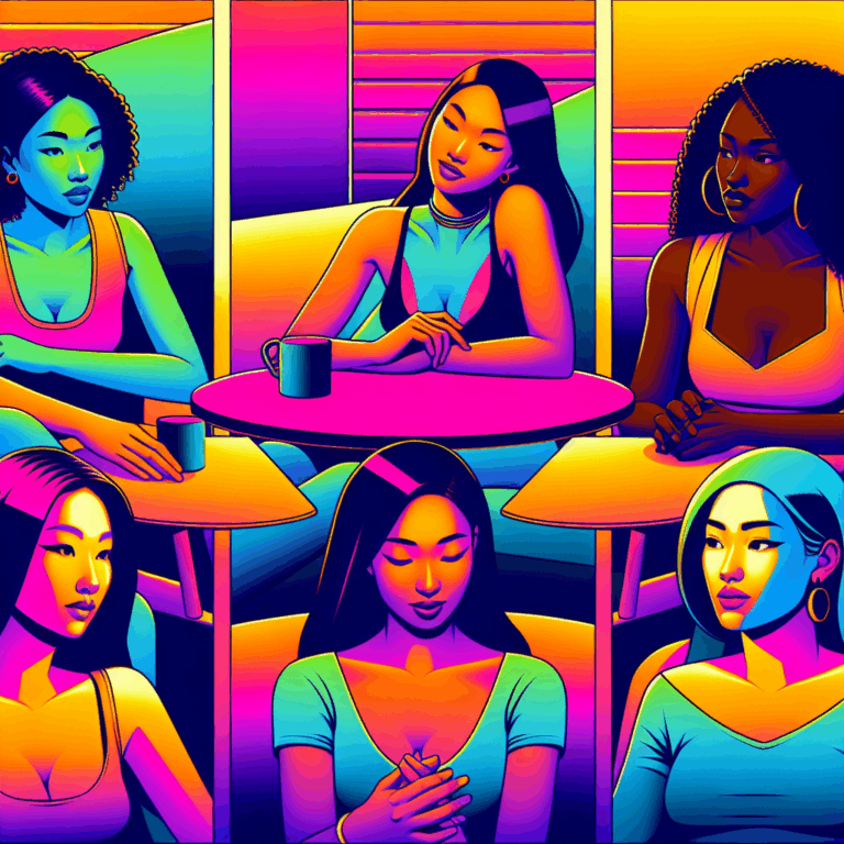 A digital illustration of diverse women in 2025 in a modern, relaxed setting, engaging in conversation about love and sexuality. Include vibrant colors and expressive facial features to showcase a spectrum of emotions related to intimacy and personal desires.