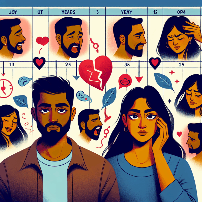 Illustration d'un couple traversant différentes étapes d'une relation, avec des symboles représentant la communication et la résolution de conflits. Fond d'un calendrier avec des années marquées (3, 7, 11, 15) et des expressions émotionnelles variées.