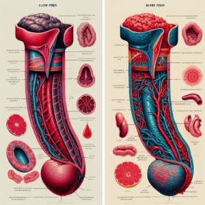 An informative medical illustration showing the anatomical differences between a flesh penis and a blood penis, with emphasis on blood flow and tissue elasticity, set on a neutral background.