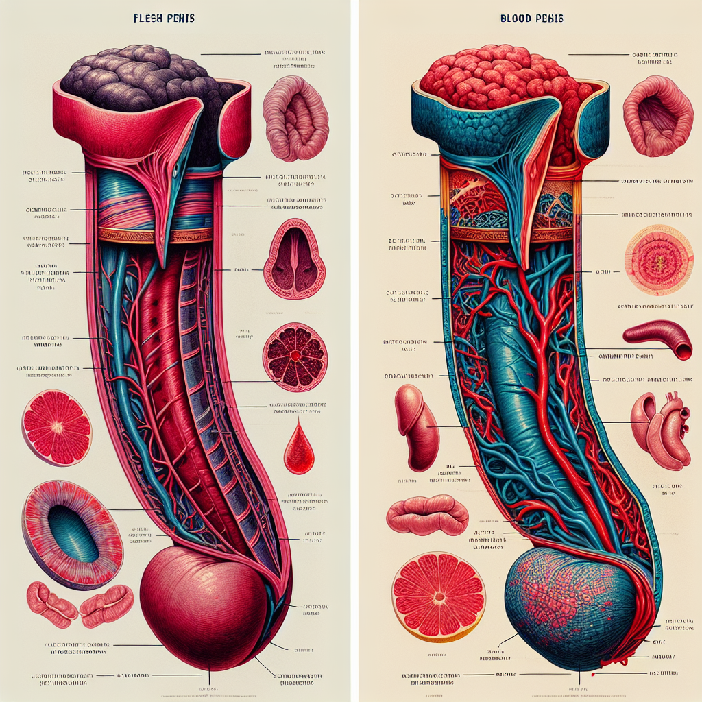 An informative medical illustration showing the anatomical differences between a flesh penis and a blood penis, with emphasis on blood flow and tissue elasticity, set on a neutral background.
