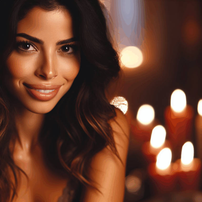 A romantic, intimate setting with a woman smiling warmly, making eye contact, and displaying subtle body language that suggests affection and attraction.