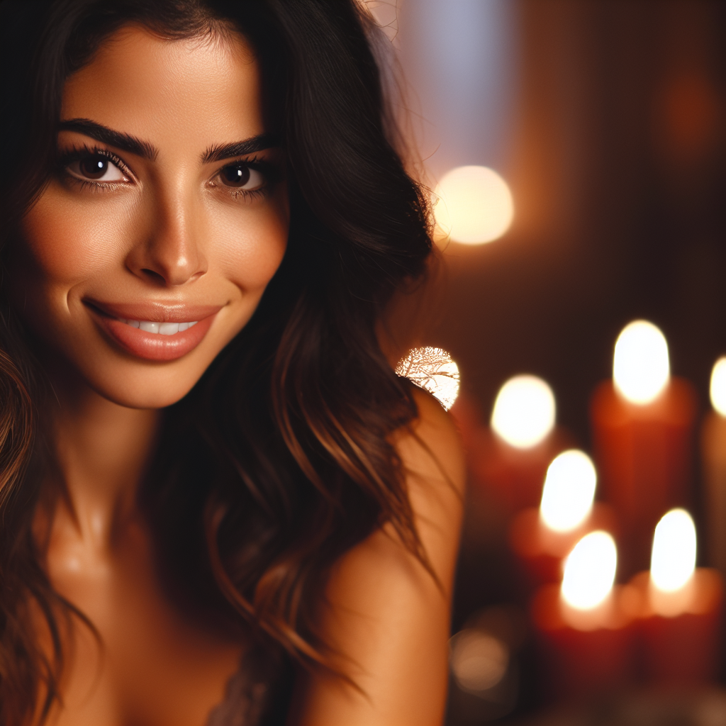 A romantic, intimate setting with a woman smiling warmly, making eye contact, and displaying subtle body language that suggests affection and attraction.
