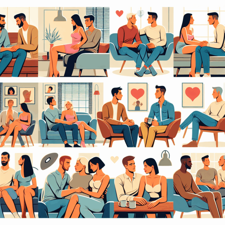Une illustration montrant divers couples dans une chambre moderne, discutant et partageant des moments intimes, avec une ambiance chaleureuse et détendue, symbolisant la diversité des préférences sexuelles.