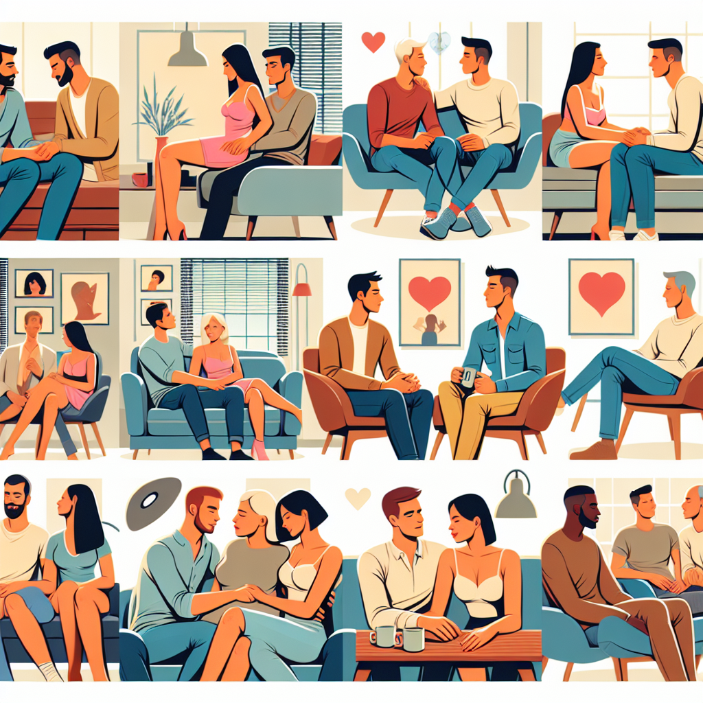 Une illustration montrant divers couples dans une chambre moderne, discutant et partageant des moments intimes, avec une ambiance chaleureuse et détendue, symbolisant la diversité des préférences sexuelles.
