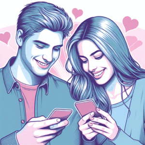 Un couple moderne, communication via messages texte, sourire complice, ambiance romantique, couleurs pastel, style graphique détaillé