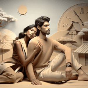 A couple intimately embracing in a cool, artistic setting, depicting a creative sexual position for hot weather. Light summer tones and a sense of serenity and comfort in a stylish and tasteful manner.