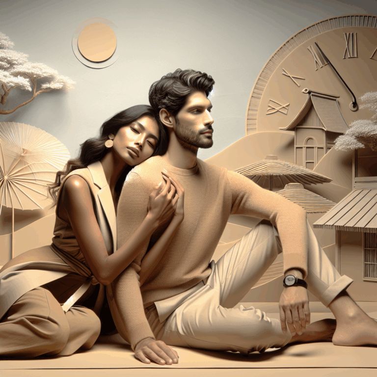 A couple intimately embracing in a cool, artistic setting, depicting a creative sexual position for hot weather. Light summer tones and a sense of serenity and comfort in a stylish and tasteful manner.