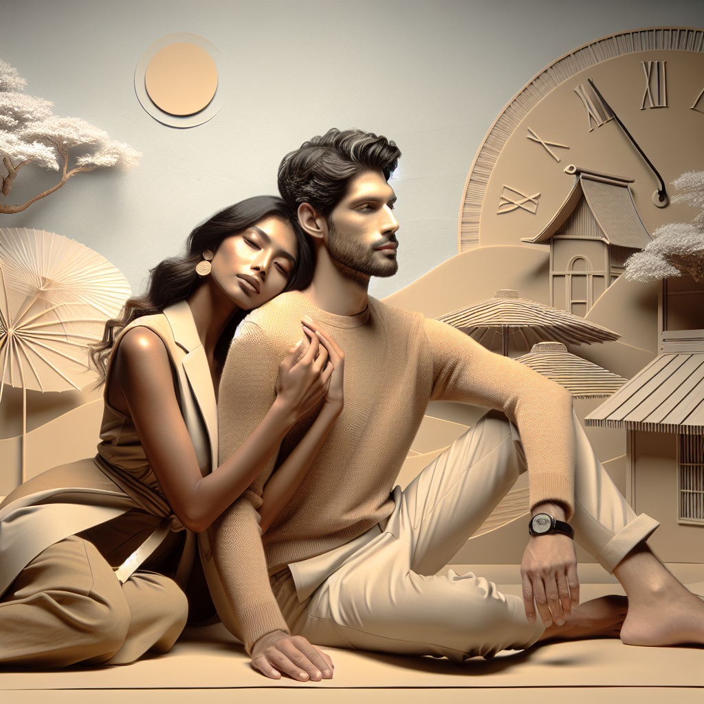 A couple intimately embracing in a cool, artistic setting, depicting a creative sexual position for hot weather. Light summer tones and a sense of serenity and comfort in a stylish and tasteful manner.