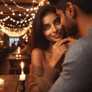 A romantic scene depicting a woman smiling warmly at a partner, with gentle touches and engaging eye contact, set in a cozy cafe environment, accentuating love and affection.