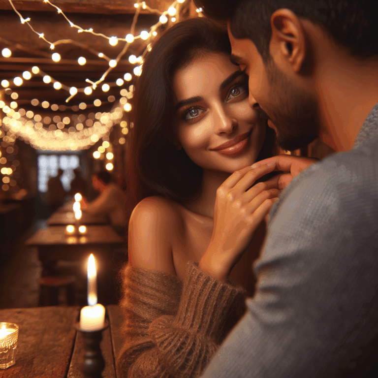 A romantic scene depicting a woman smiling warmly at a partner, with gentle touches and engaging eye contact, set in a cozy cafe environment, accentuating love and affection.