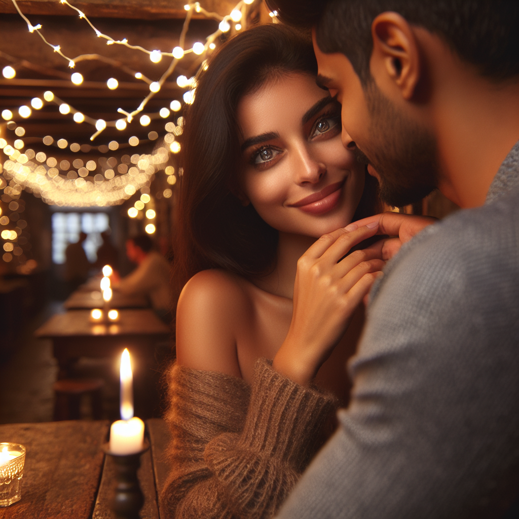 A romantic scene depicting a woman smiling warmly at a partner, with gentle touches and engaging eye contact, set in a cozy cafe environment, accentuating love and affection.