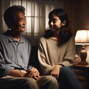 A couple sitting in a cozy living room, sharing a warm and nostalgic conversation, with a relaxed and introspective atmosphere. The room is softly lit, creating an intimate ambiance, with subtle expressions of love and reflection on their faces.