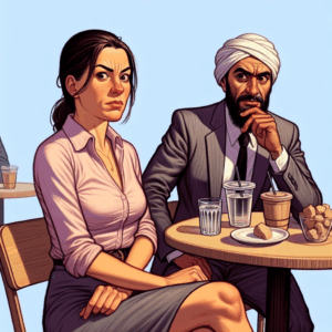 A couple sitting at a café, both looking puzzled and slightly uncomfortable. One partner is making a small, seemingly insignificant action that is causing the other to react negatively, depicted in a subtle manner, realistic style.