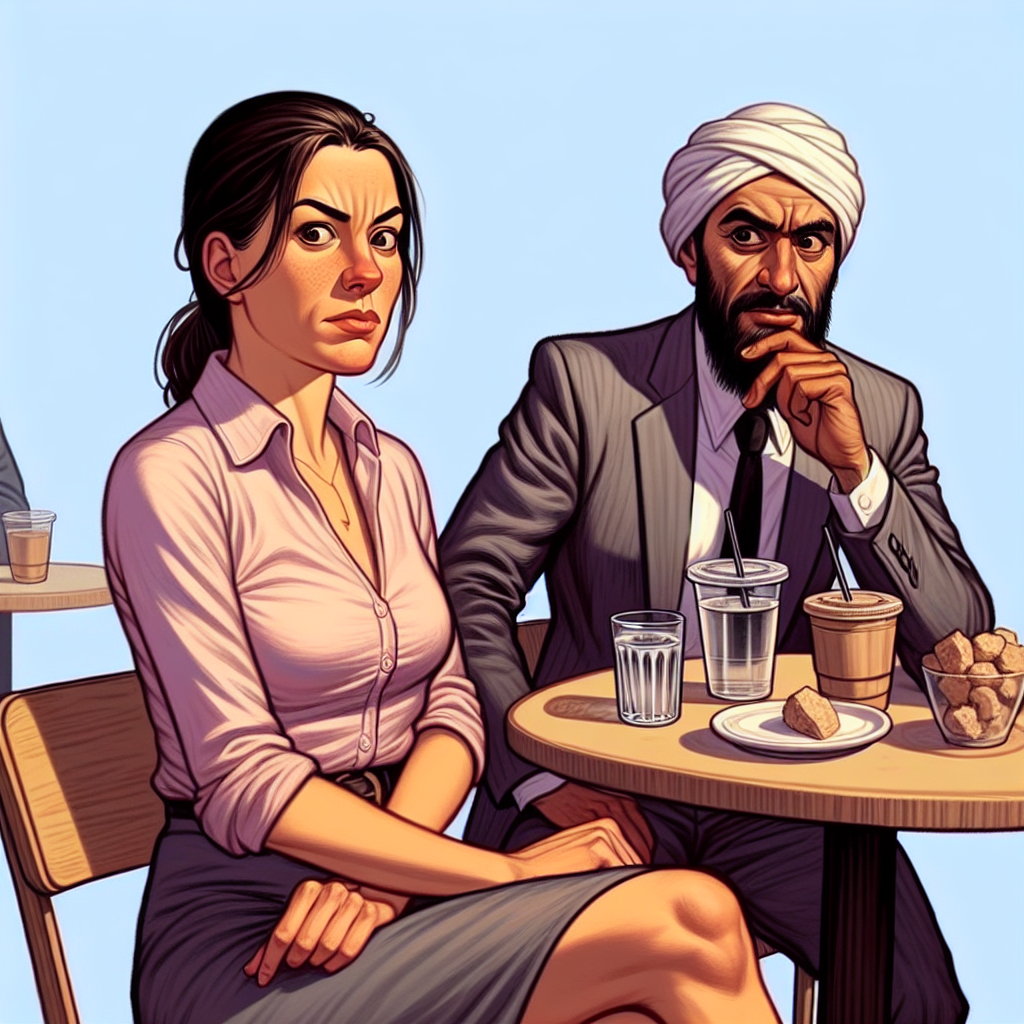 A couple sitting at a café, both looking puzzled and slightly uncomfortable. One partner is making a small, seemingly insignificant action that is causing the other to react negatively, depicted in a subtle manner, realistic style.
