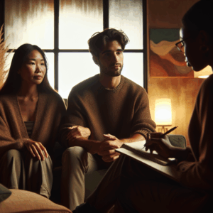 A couple sitting on a couch in a therapist's office, discussing their relationship. The room is cozy with warm colors and soft lighting. The therapist is attentively listening, with a notebook in hand, as the couple recounts their early relationship days. The couple's expressions are a mix of nostalgia and introspection.