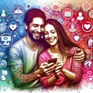An illustration showing a happy couple using a smartphone together, surrounded by icons representing different relationship-enhancement apps. The background should be colorful and convey a sense of connection and digital communication.