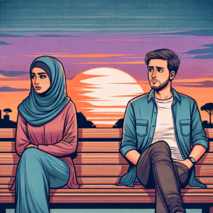 A thoughtful and somber image of a couple sitting back-to-back on a park bench, each lost in their thoughts, with autumn leaves falling around them, symbolizing the end of a relationship and change.