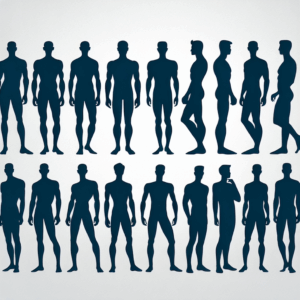 An artistic illustration depicting various silhouettes of men highlighting diversity in body proportions and penis sizes, symbolizing the complexity of physical attraction preferences, in a modern and scientific style.