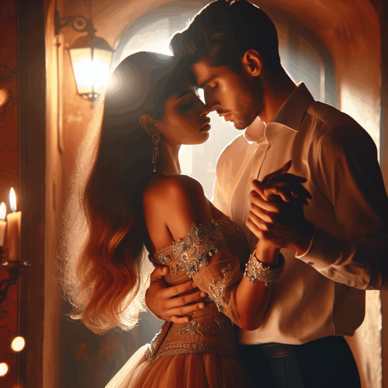 A couple engaging in a sensual grinding dance, fully clothed, in a cozy and intimate setting with soft, warm lighting to emphasize the mood. The image should convey a sense of gentle touch and romantic atmosphere, capturing the essence of connection and desire.