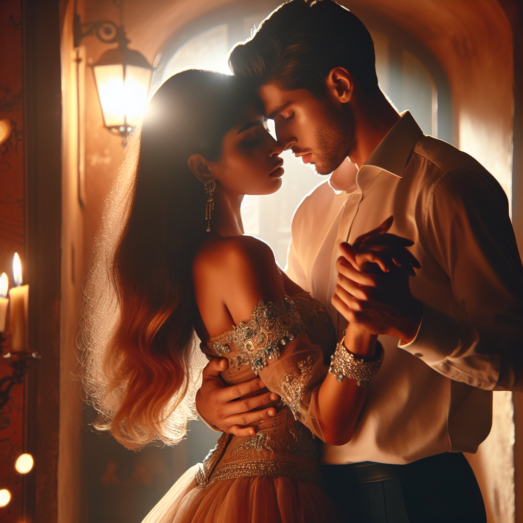 A couple engaging in a sensual grinding dance, fully clothed, in a cozy and intimate setting with soft, warm lighting to emphasize the mood. The image should convey a sense of gentle touch and romantic atmosphere, capturing the essence of connection and desire.