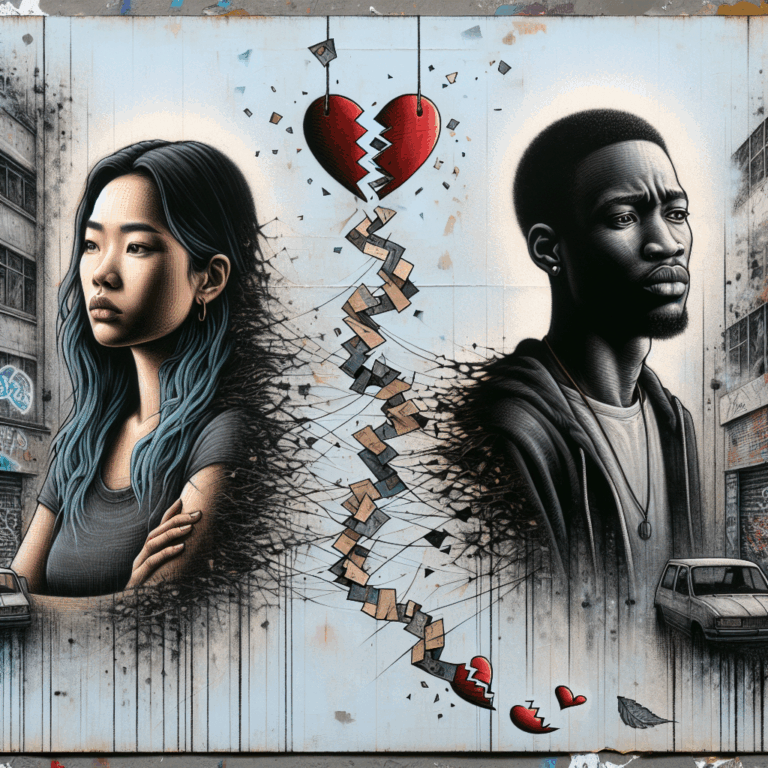 A symbolic and emotional illustration of a couple drifting apart, with artistic elements inspired by Banksy, such as shredded hearts or fading connections, set against a backdrop reminiscent of urban street art.