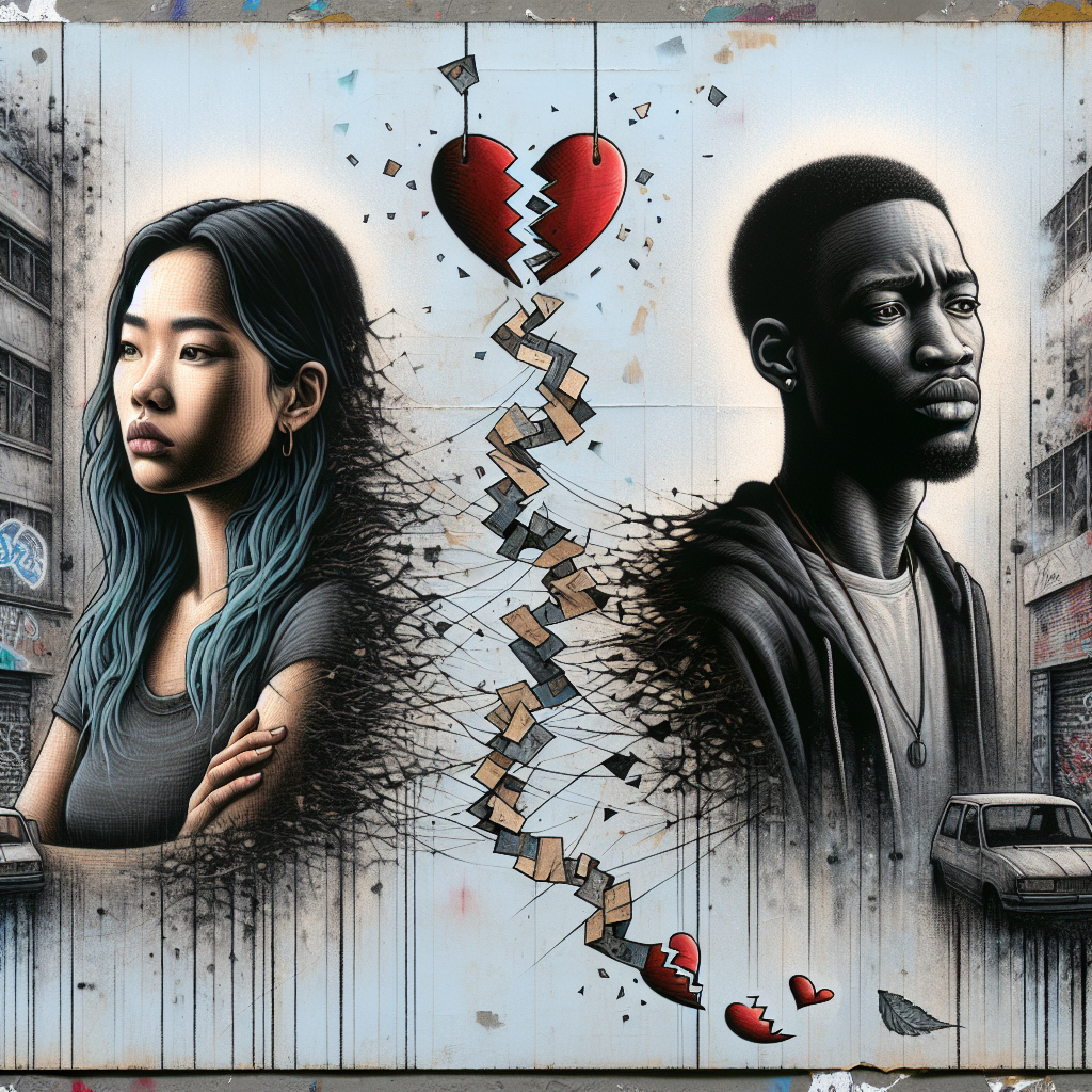 A symbolic and emotional illustration of a couple drifting apart, with artistic elements inspired by Banksy, such as shredded hearts or fading connections, set against a backdrop reminiscent of urban street art.