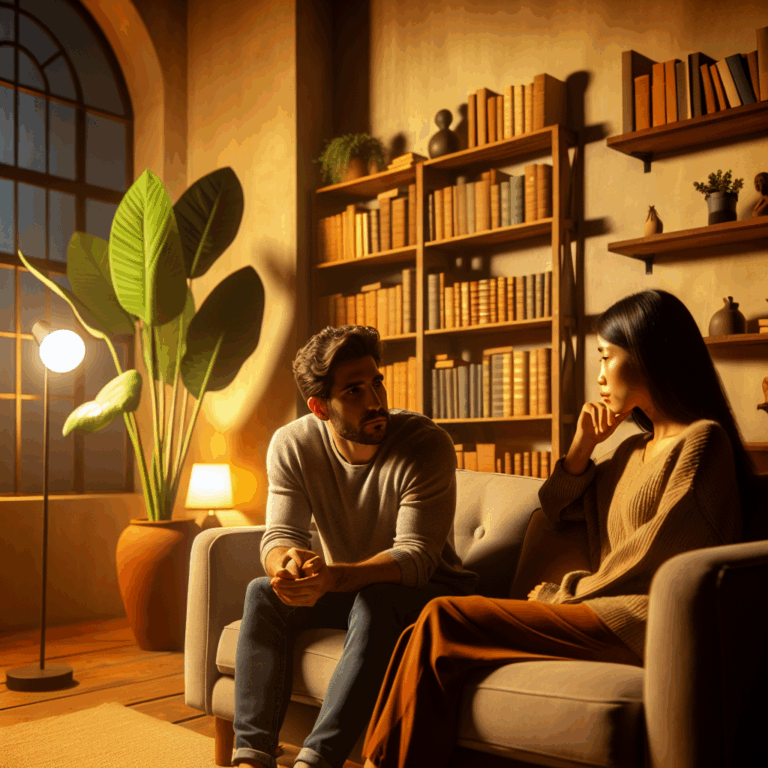 A couple talking in a cozy therapy room, both looking thoughtful. The room has warm lighting, with a bookshelf and a plant in the background, symbolizing an intimate and introspective atmosphere.