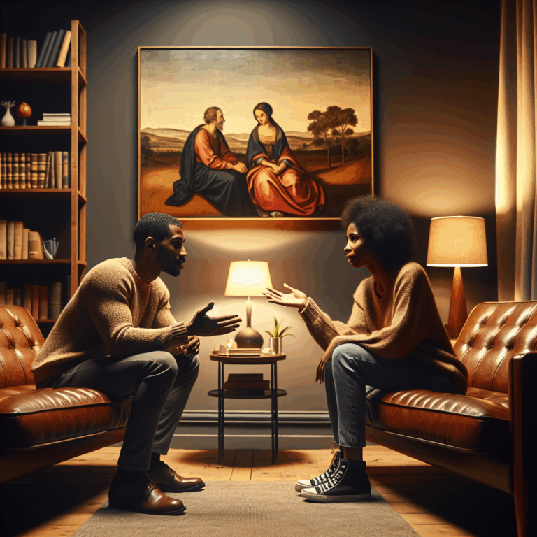 An emotional couple sitting in a therapist's office, with warm lighting and expressive gestures, showcasing empathy and discussion.