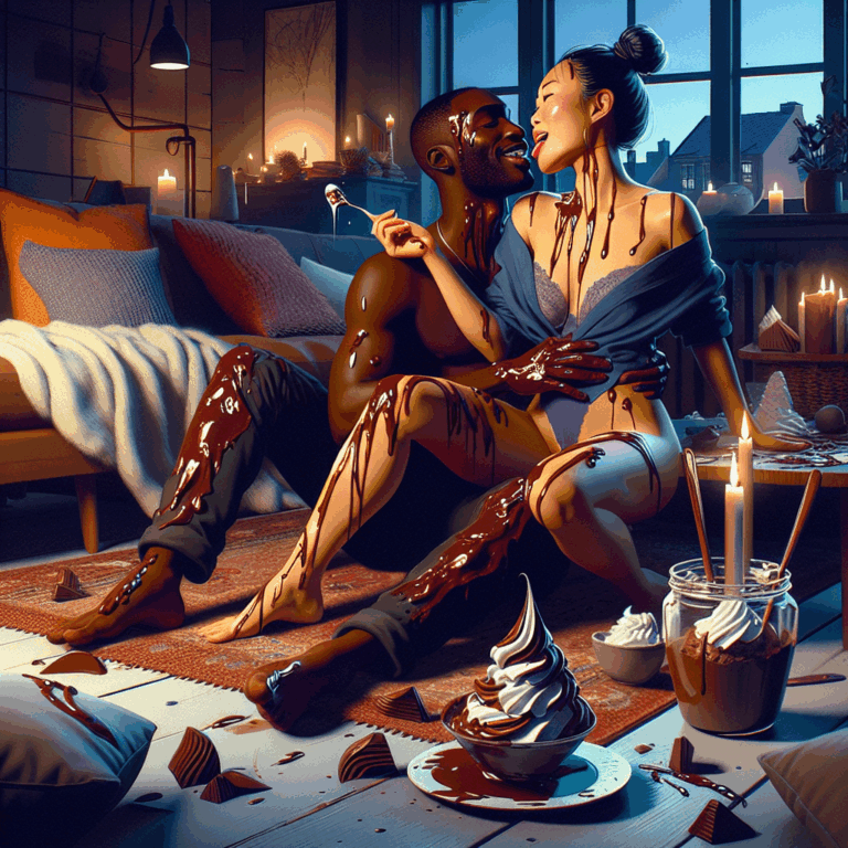 A sensual and artistic illustration of a couple playfully covered in chocolate and whipped cream, set in a cozy and dimly lit room, highlighting the intimate and adventurous essence of sploshing.