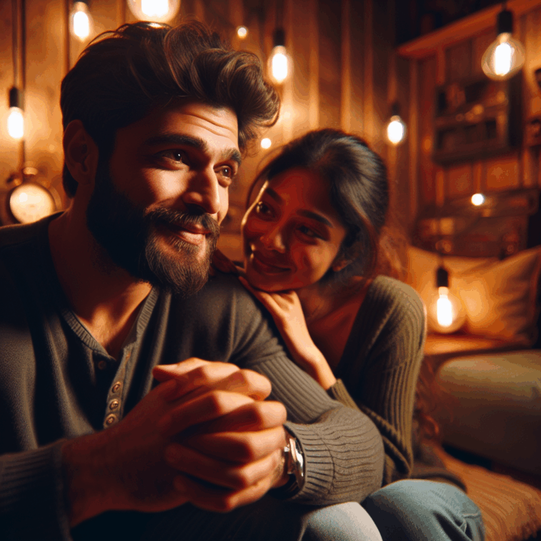 A thoughtful couple sitting together, one sharing a heartfelt story with the other, set in a cozy room with warm lighting, expressing a mixture of emotions through their facial expressions, reflecting on their romantic journey.