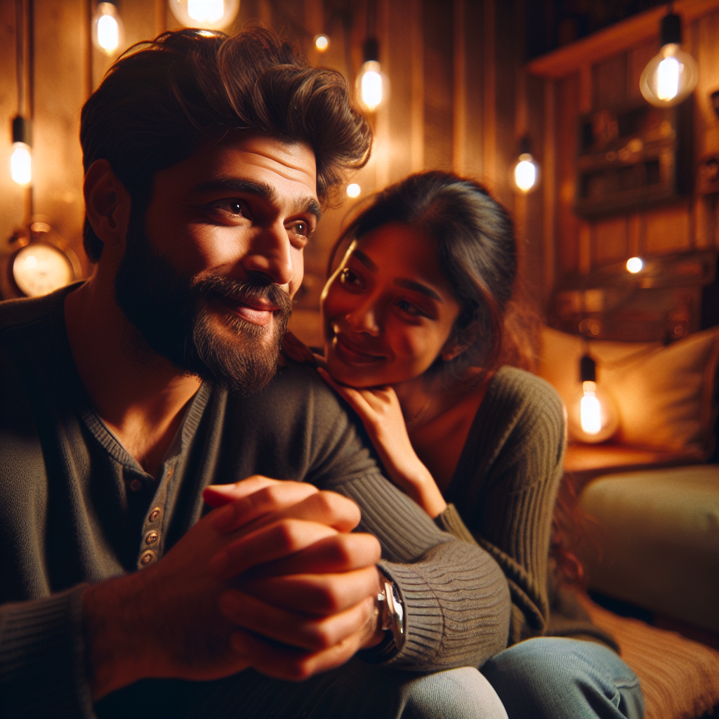 A thoughtful couple sitting together, one sharing a heartfelt story with the other, set in a cozy room with warm lighting, expressing a mixture of emotions through their facial expressions, reflecting on their romantic journey.