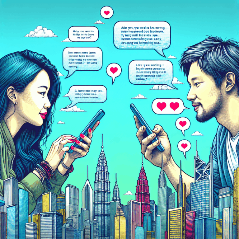 A romantic illustration of a couple texting each other lovingly throughout the day in a playful and cute manner, depicting a digital connection between lovers.