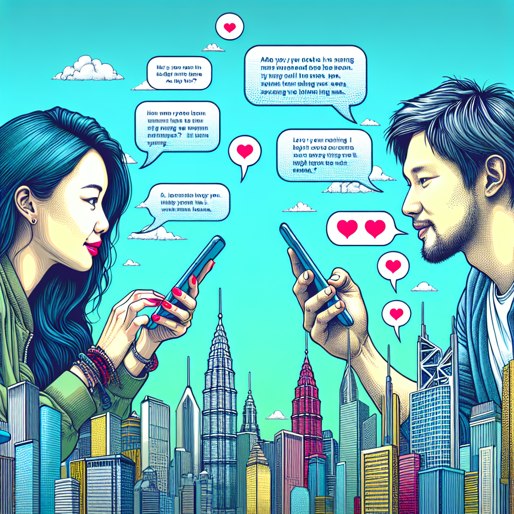 A romantic illustration of a couple texting each other lovingly throughout the day in a playful and cute manner, depicting a digital connection between lovers.