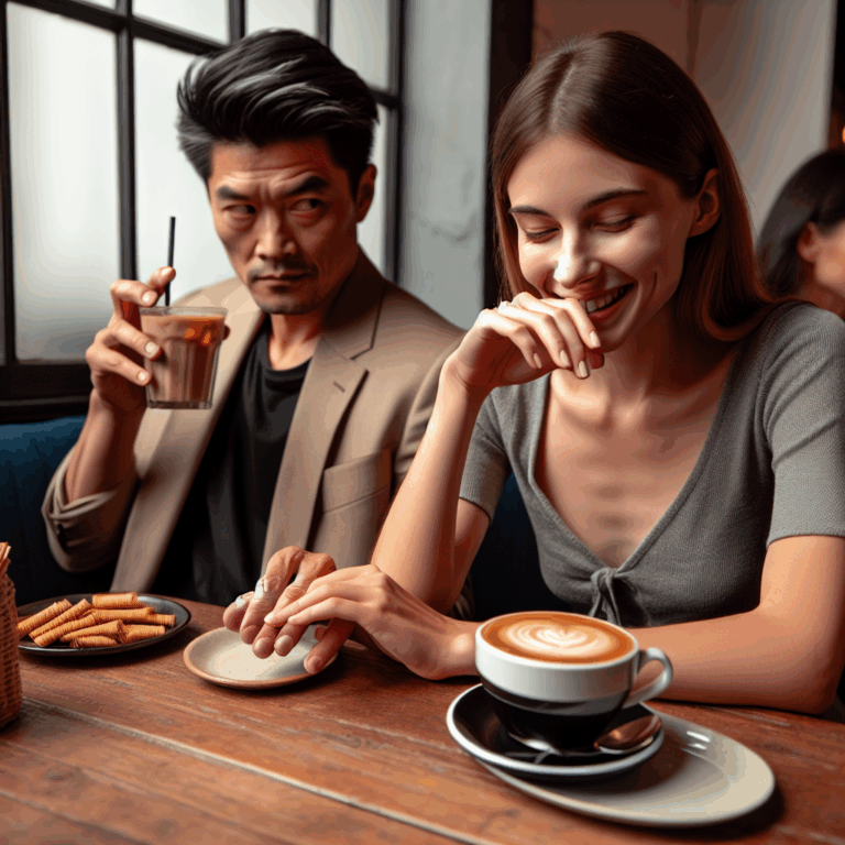 A couple sitting at a café, one partner looking visibly uncomfortable while the other is unaware, modern and realistic, subtle tension in the air, warm colors, intriguing expressions.