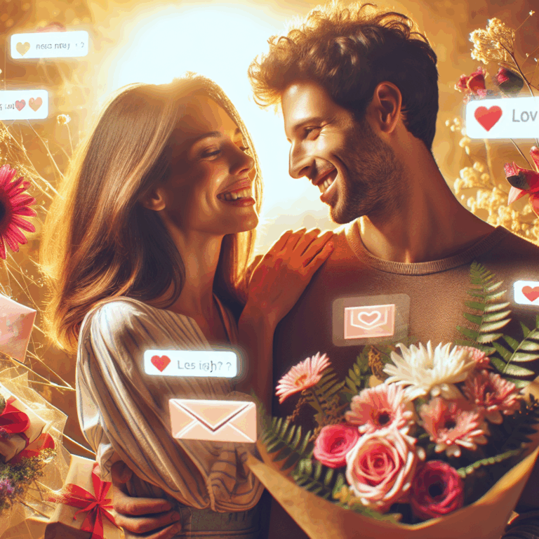 A couple smiling at each other, surrounded by subtle romantic hints like phone messages, flowers, and thoughtful gestures, set in a serene and warm ambiance, symbolizing connection and constant thoughts.