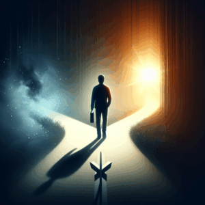 A symbolic image depicting a person standing at a crossroads with one path leading to darkness and the other towards light, representing transformation and personal growth after a breakup.