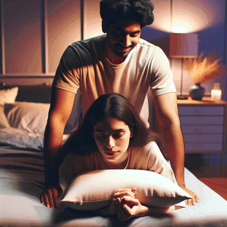 A couple in a softly lit bedroom, experimenting with the 'pillow technique'. A pillow is strategically placed under one partner, highlighting an intimate and cozy atmosphere, with light colors and a focus on the expressions of comfort and pleasure.