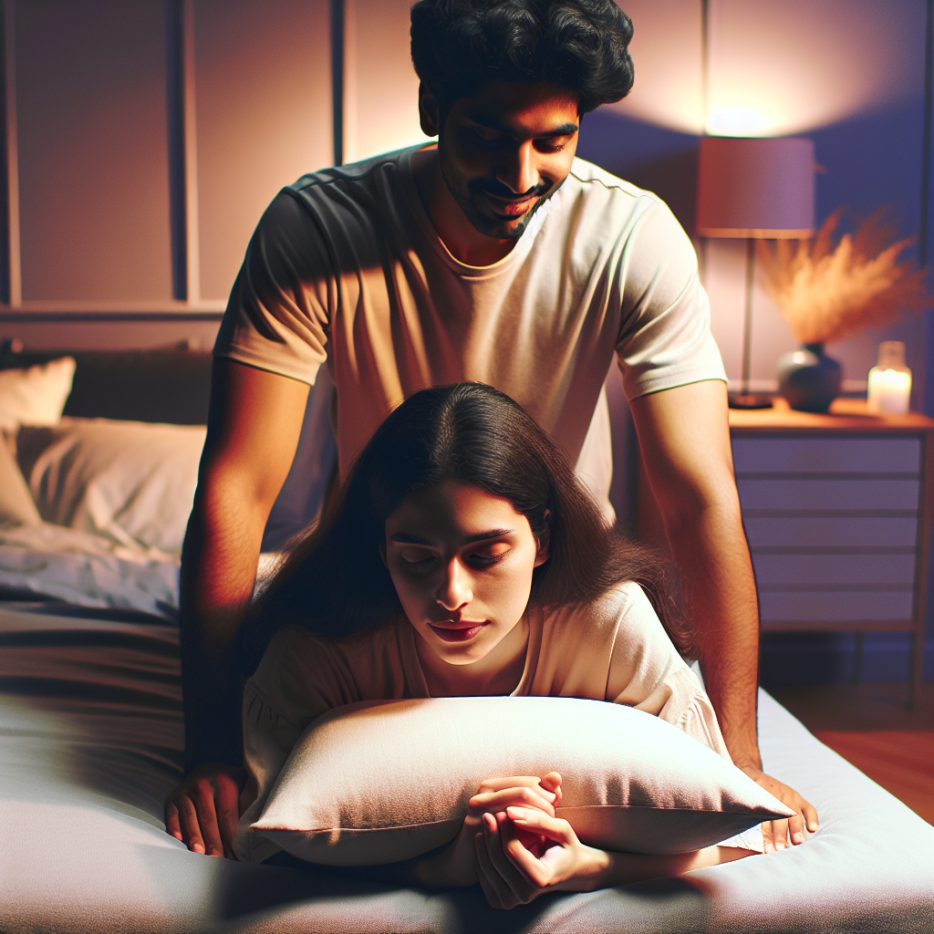 A couple in a softly lit bedroom, experimenting with the 'pillow technique'. A pillow is strategically placed under one partner, highlighting an intimate and cozy atmosphere, with light colors and a focus on the expressions of comfort and pleasure.