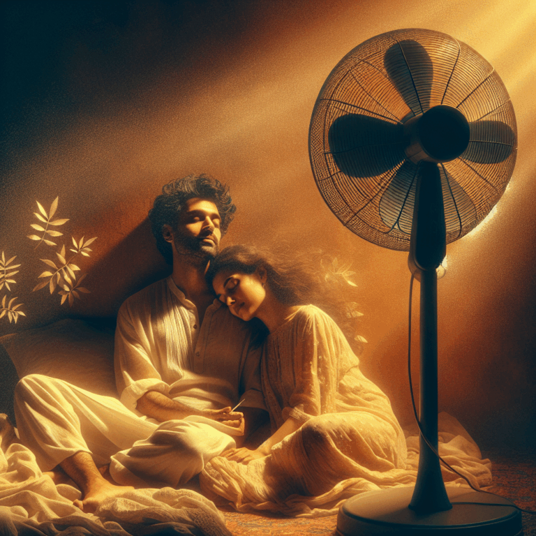 A romantic couple in a summer setting, lying on a bed with a fan nearby, showcasing relaxed intimacy and comfort during hot weather. Soft, warm tones with shadows suggesting a hot day.