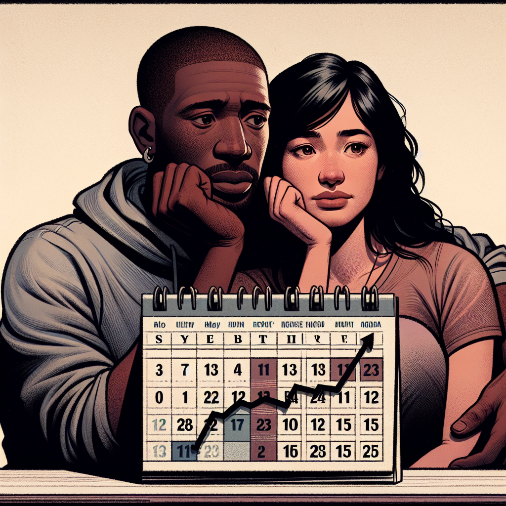 A couple sitting together, looking thoughtful and engaged in conversation, with a calendar showing the years 3, 7, 11, and 15 marked, symbolizing the challenging stages of a relationship.