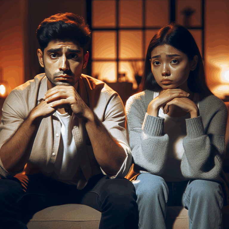 A couple sitting on a couch with concerned expressions, reflecting on their relationship, with a warm and introspective atmosphere.