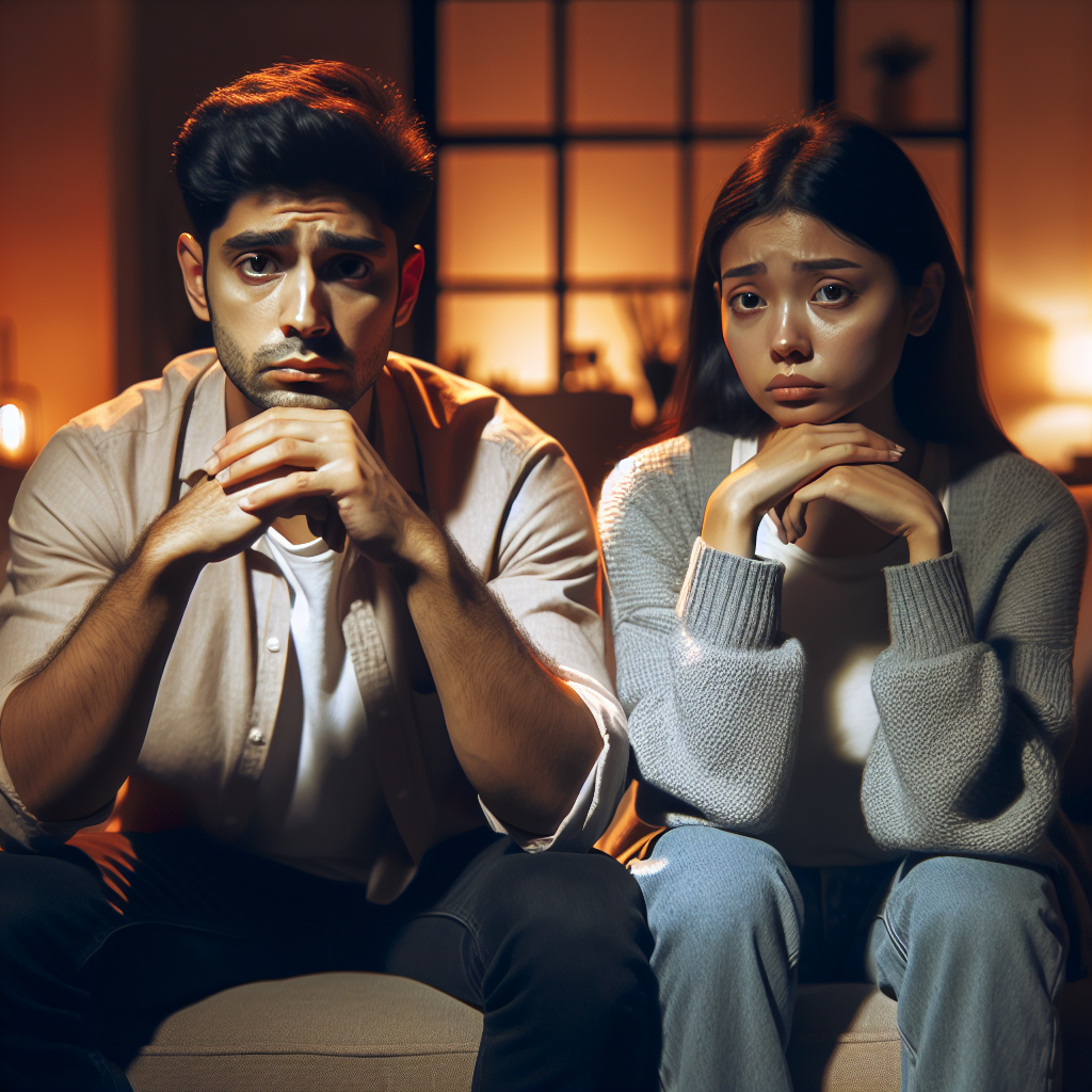 A couple sitting on a couch with concerned expressions, reflecting on their relationship, with a warm and introspective atmosphere.