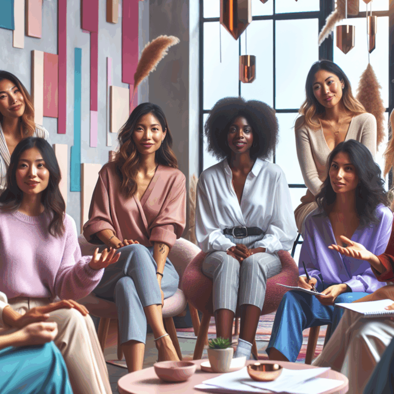 A diverse group of women of various ages, confidently discussing their preferences for sexual relationships in a modern, colorful setting. They are relaxed, engaged in vibrant conversation, surrounded by elements symbolizing intimacy and desire.